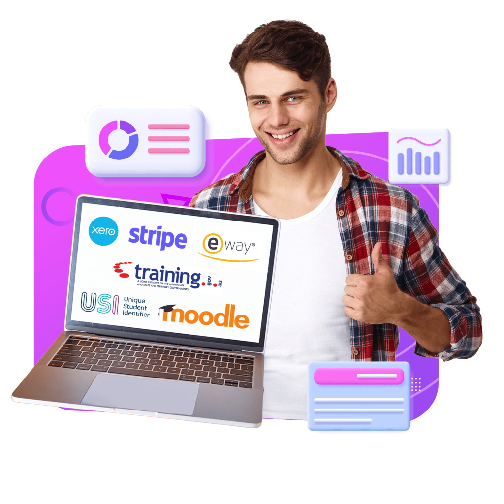 man holding a laptop showing a screen full of logos